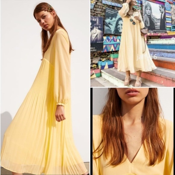 Zara Pleated Long Sleeve Midi Dress XS - Picture 2 of 9